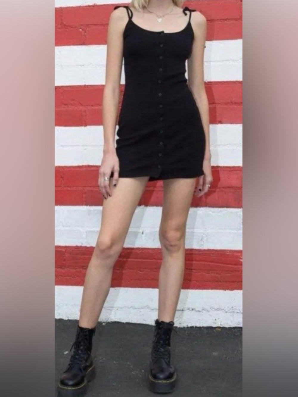 Brandy Melville Black Button-Front Tie-Strap Mini Dress